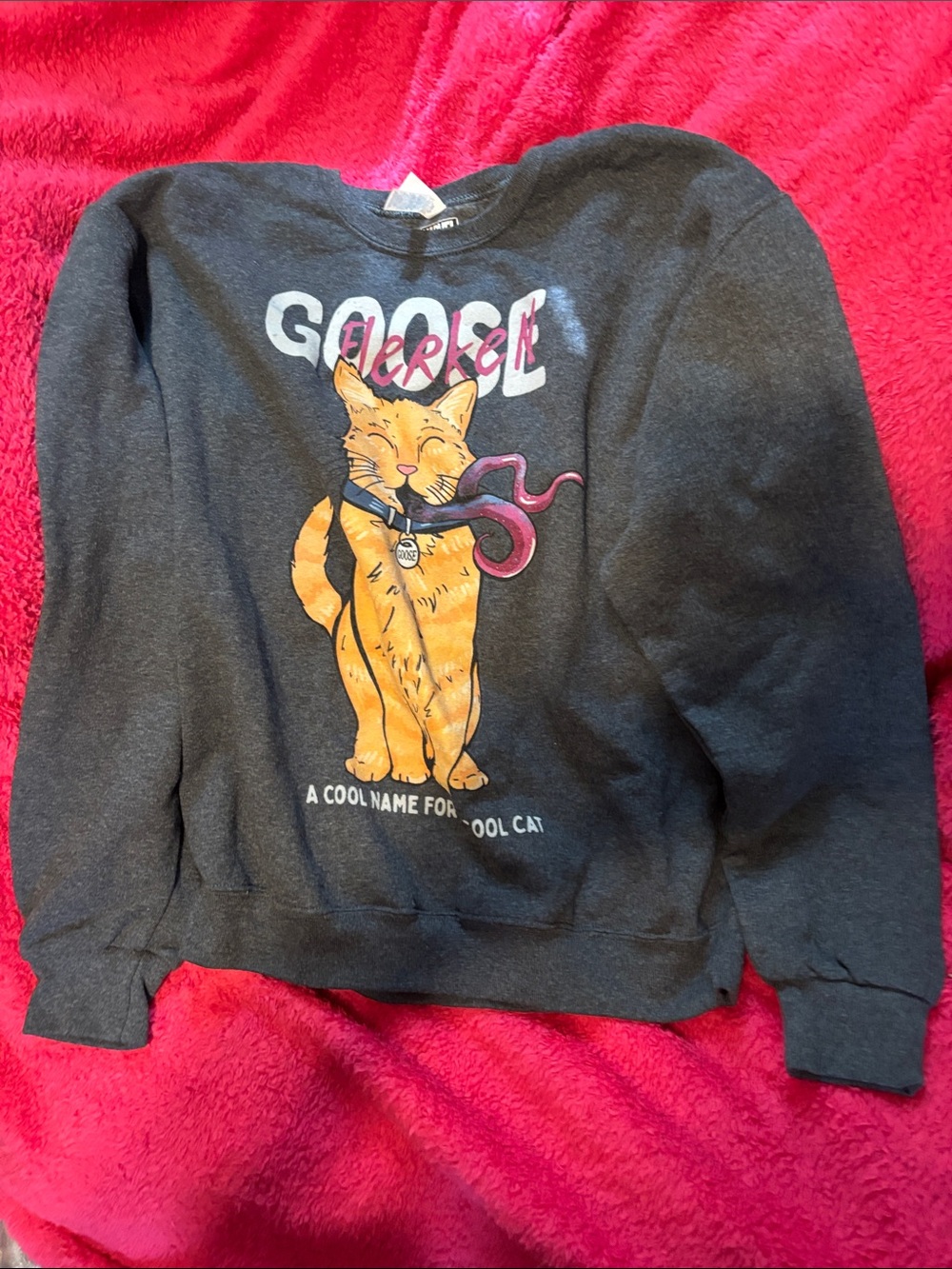 Marvel Women’s Charcoal Gray Crewneck Sweater with Orange Cat Graphic